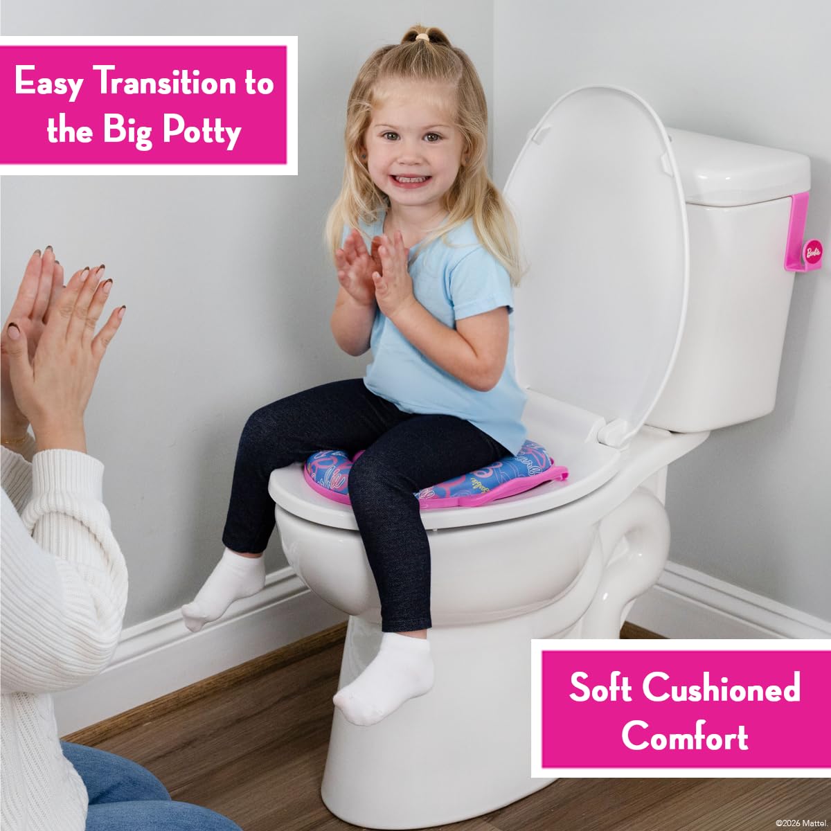Barbie Morbido vasino per addestramento del WC con gancio portaoggetti, anello imbottito antiscivolo con paraspruzzi, maniglie integrate per bambini, tema Barbie rosa e blu