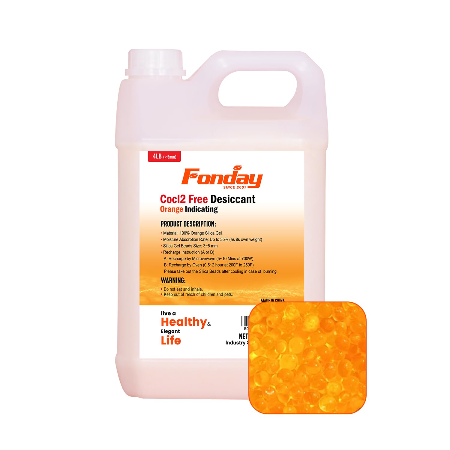 4LB Fonday Premium Moisture Indicating Silica Gel Desiccant Orange to Green Rechargeable Industry Standard Bead Size 3 to 5mm