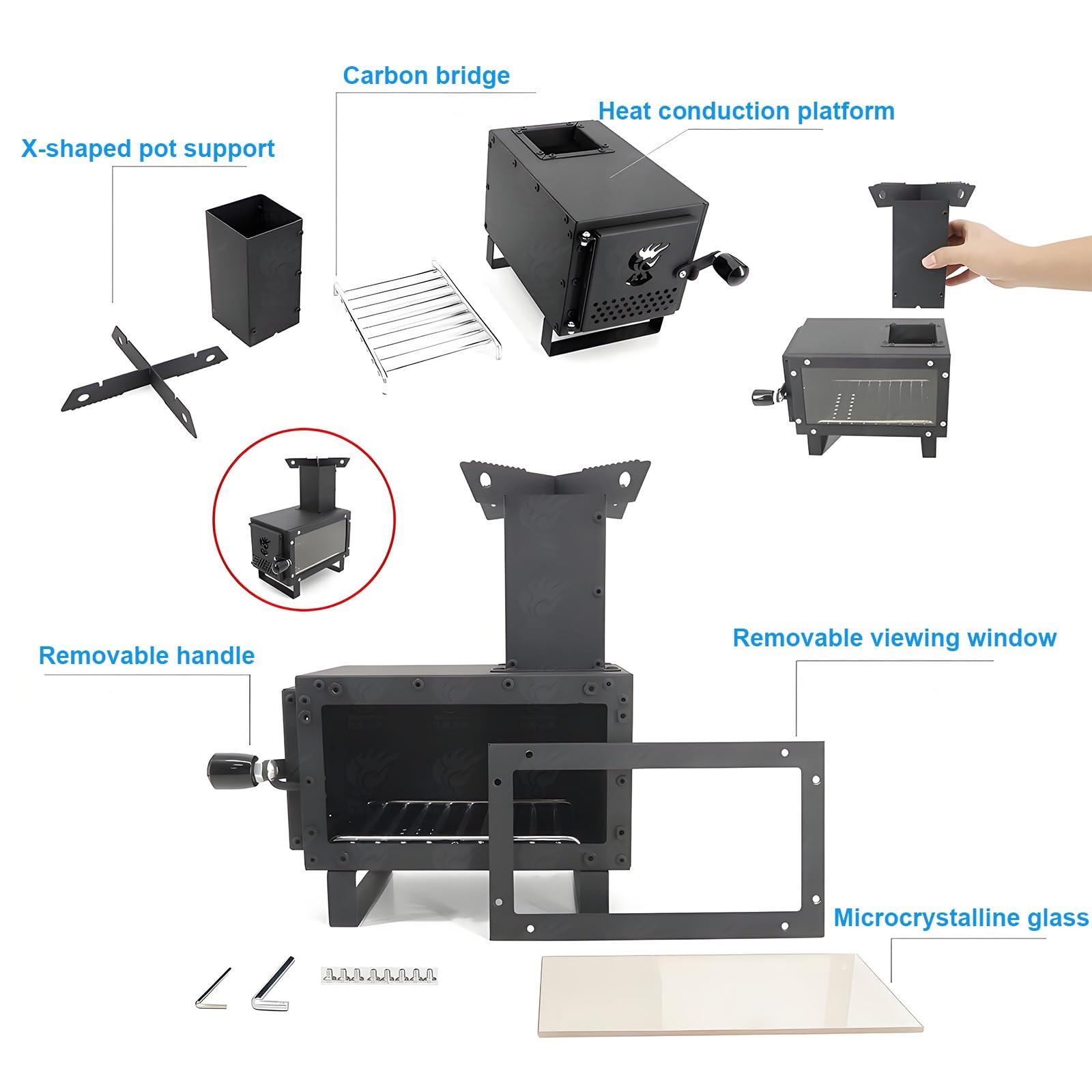 Stufa a Legna da Campeggio Portatile In Acciaio al Carbonio Riscaldamento Rapido Design Modulabile per Cucina e Campeggio Aperto