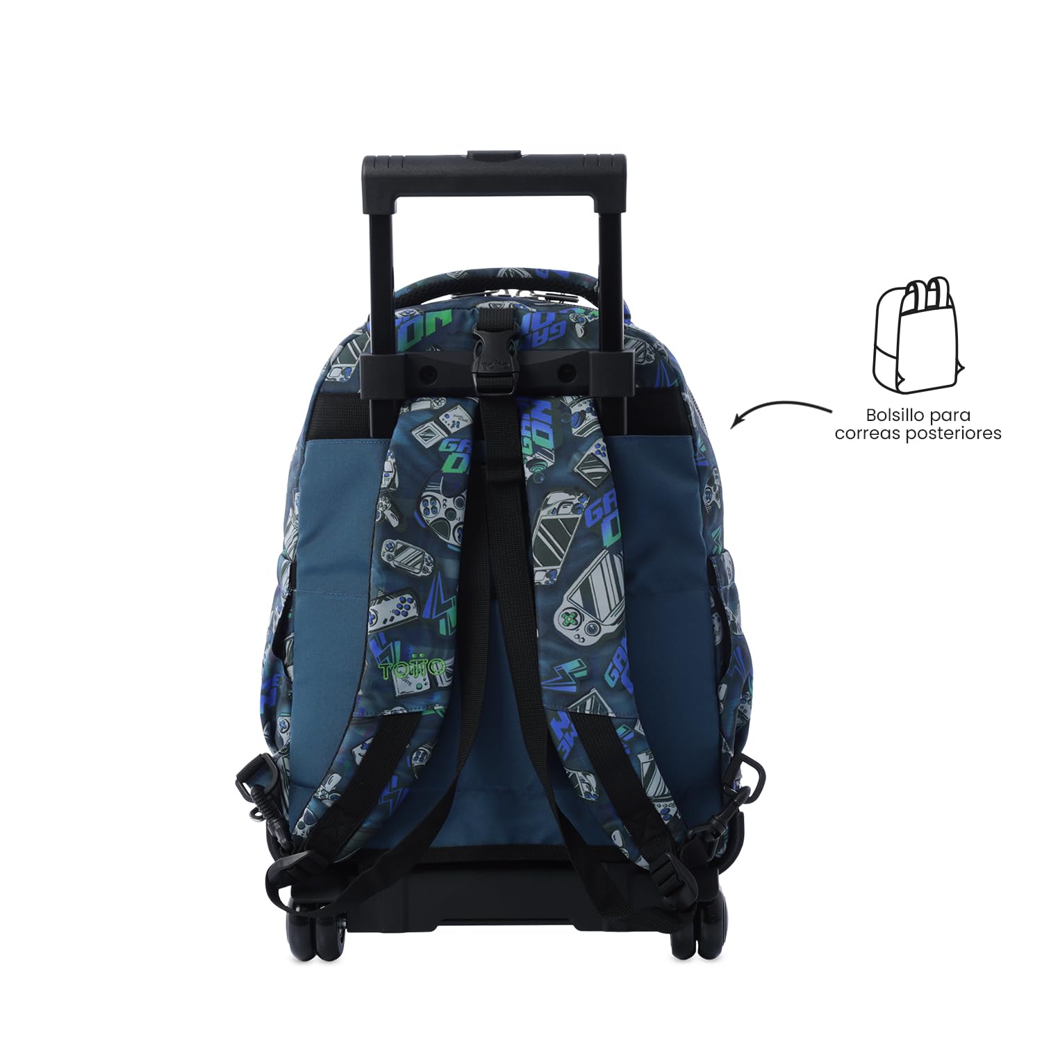 TOTTO - Mochila Escolar con Ruedas Desmontables, Modelo Tiza, Capacidad 26 L, Mochila PC 15.4", Bolsillo Botella, Manija Telescópica, Espaldar Ergonómico y Correas en S, Estampado Button Azul