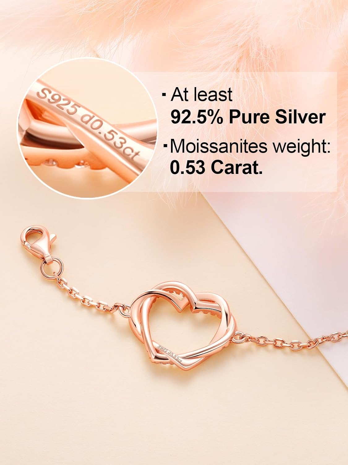 CYW Moissanite Double Hearts Chain Bracelet for Women, Real Authentic 925 Sterling Silver, 6.3"/7.1" Adjustable, Birthday Anniversary Valentines Christmas Ideal Gift for Her