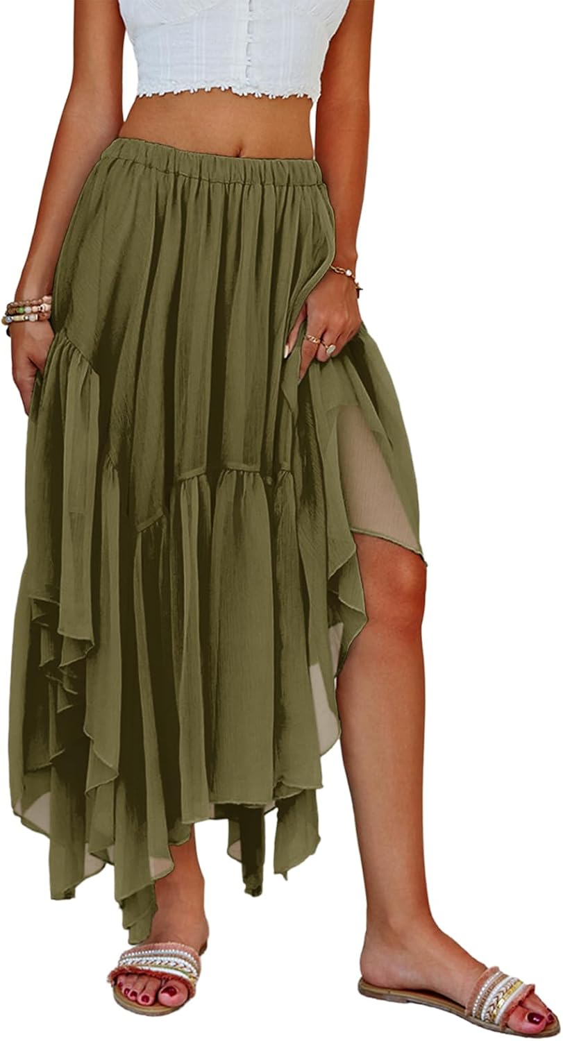 Fisoew Womens Summer Boho Maxi Skirt Casual Asymmetric High-Low Hem Flowy Bohemia Long Skirt