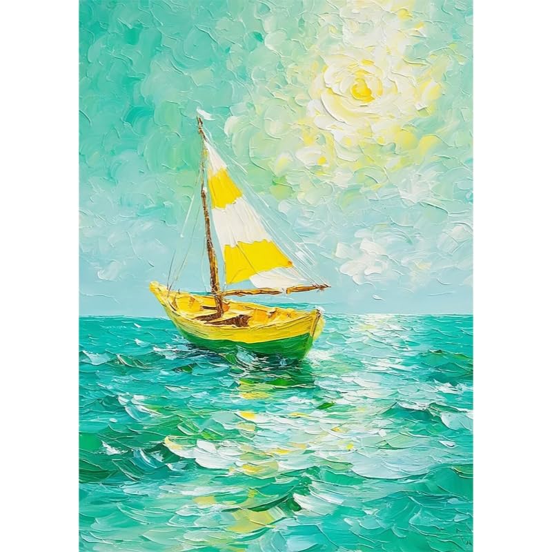 Voilier vert peinture à l'huile sur toile murale fait main pour salon chic
