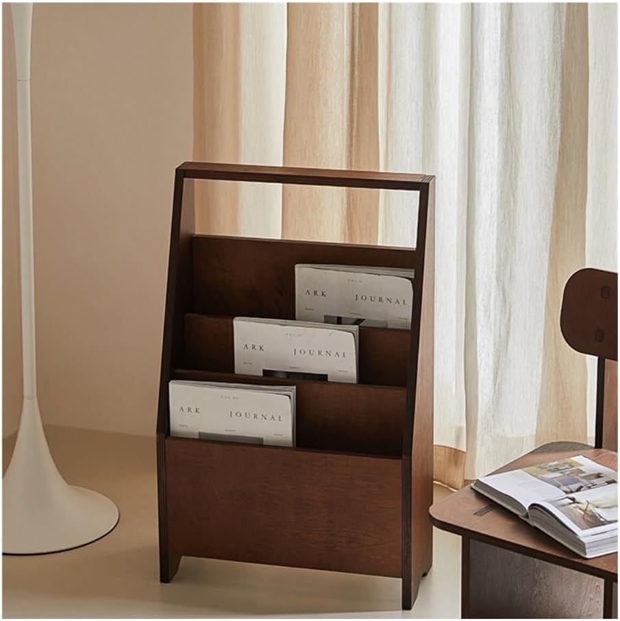 Magazine Rack, Solid Wood Magazine Rack Vintage Coffee Shop Small Bookcase Storage Shelf Against Wall Brochure Display Stand