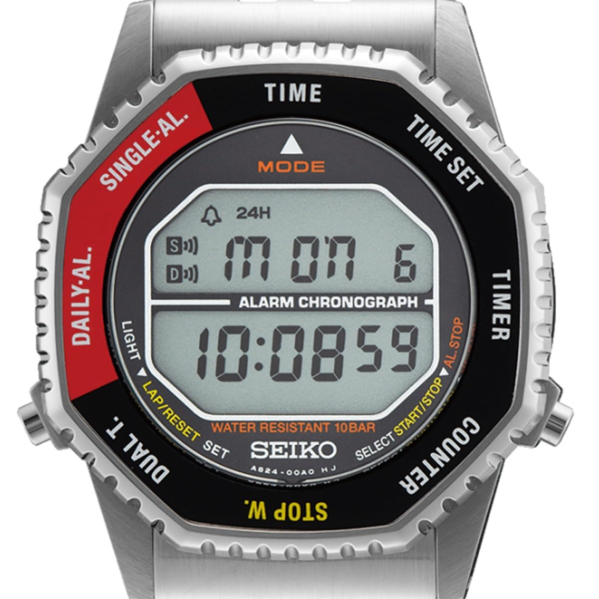 Seiko SMGG19P1 męski zegarek cyfrowy z czarną i czerwoną tarczą i srebrnym paskiem