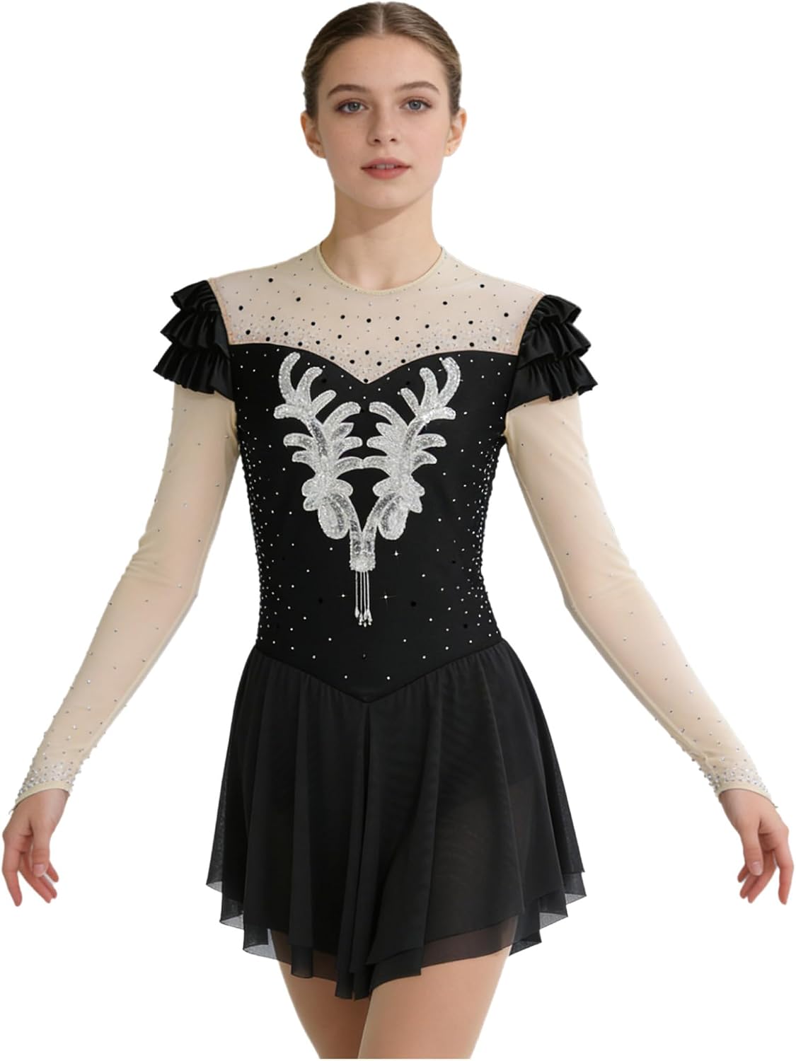 Women's Applique Figure Skating Dresses Long Sleeve Asymmetric Skirt Leotard Lyrical Dancewear