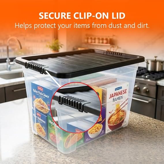 ORGANIZED Plastic Storage Boxes with Lids 80L - Pack of 5 | Large Clear Stackable Storage Containers with Black Lids, Heavy Duty Strong Durable Tubs for Home, Office, Multipurpose