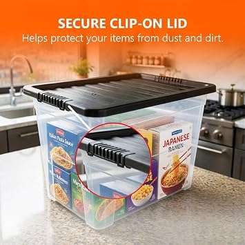 ORGANIZED Plastic Storage Boxes with Lids 80L - Pack of 5 | Large Clear Stackable Storage Containers with Black Lids, Heavy Duty Strong Durable Tubs for Home, Office, Multipurpose