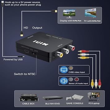 RCA to HDMI Converter, 1080P RCA Composite CVBS AV to HDMI Video Audio Converter Adapter with USB Power Cable, Compatible with N64 Wii PS2, Xbox VHS VCR Camera DVD PAL/NTSC compatible