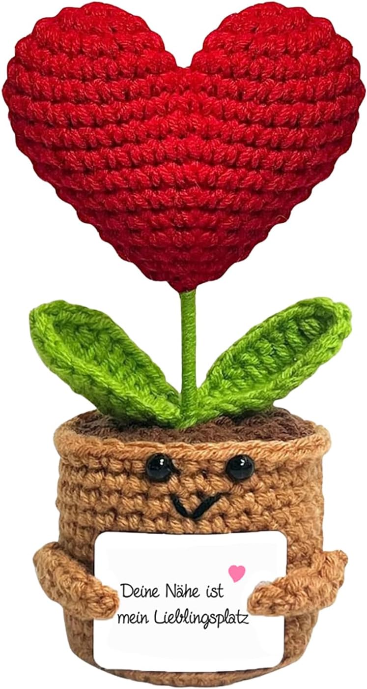Gifts for Mum - Handmade Everblooming Crochet Flowers Set with Card, Cuddly Potted Flowers Birthday, Personalised Love Gifts for Women (Heart Flower)