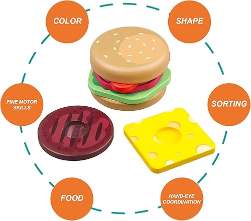 Miniatura 3 de Juguete de hamburguesa apilable, juguete Montessori para niños de 1, 2 y 3 años, juguetes preescolares, juguete educativo de madera para bebé, juego