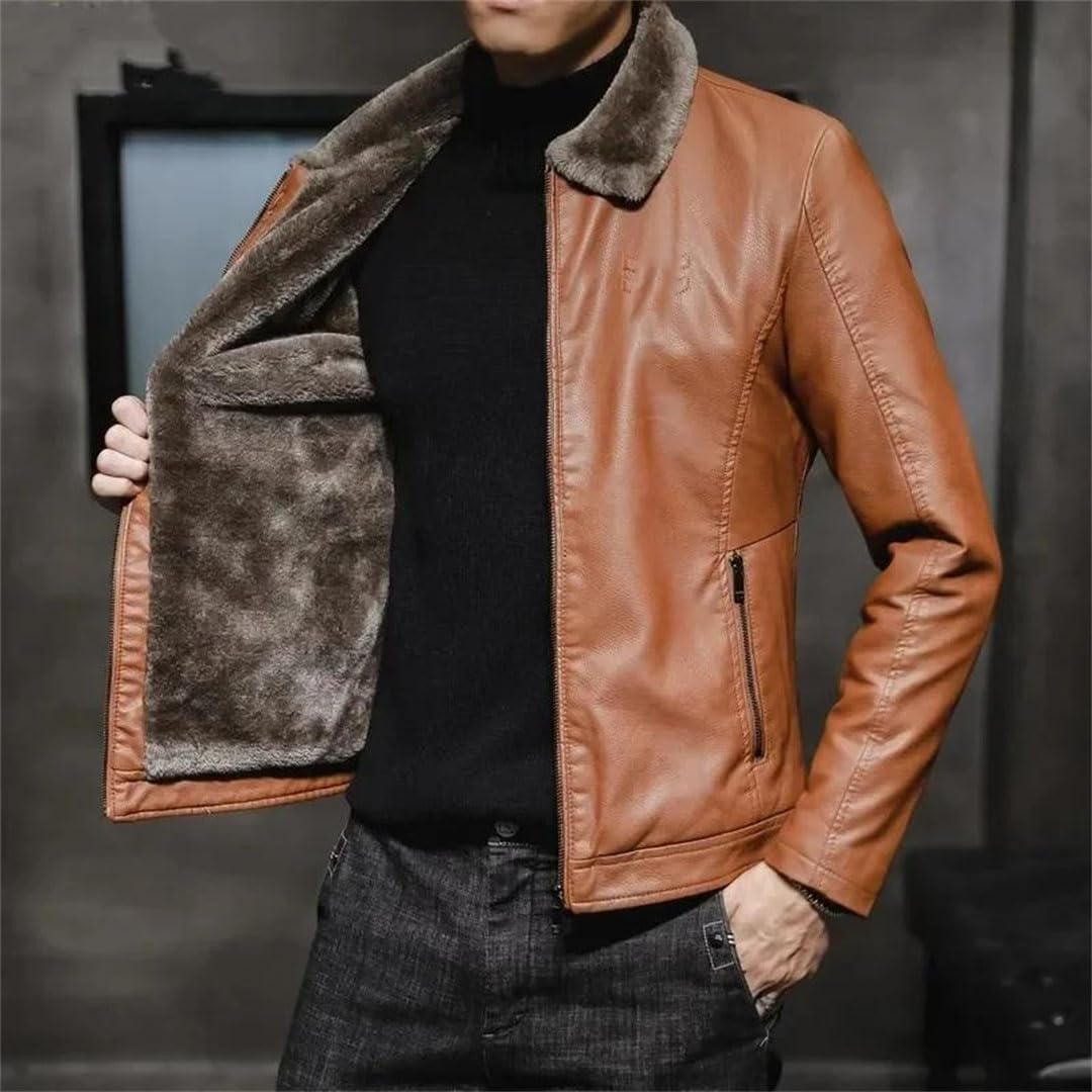Men's Warm Vintage Leather Jacket Winter Faux Fur Collar Windproof Coat