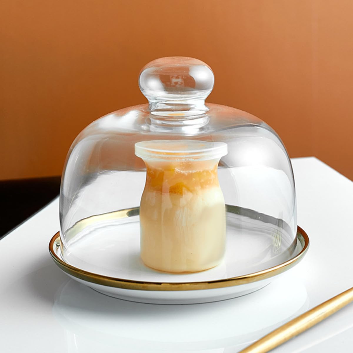 Plato para Tartas Cubierta de Vidrio Transparente y Base Cerámica para Presentación de Pasteles y Postres en Fiestas y Eventos Fácil Mantenimiento y Brillo