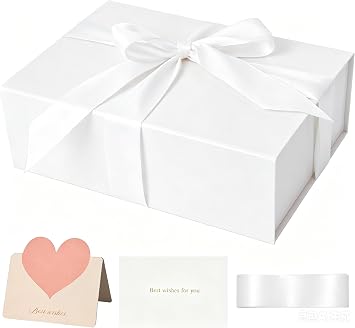White Gift Box 11x7.2x3.5, Glossy Magnetic Gift Box with Lid for Present Contains 1-1/2 Widened Ribbon, Liner Paper, Card for Christmas, Valentines Day, Wedding, Birthday