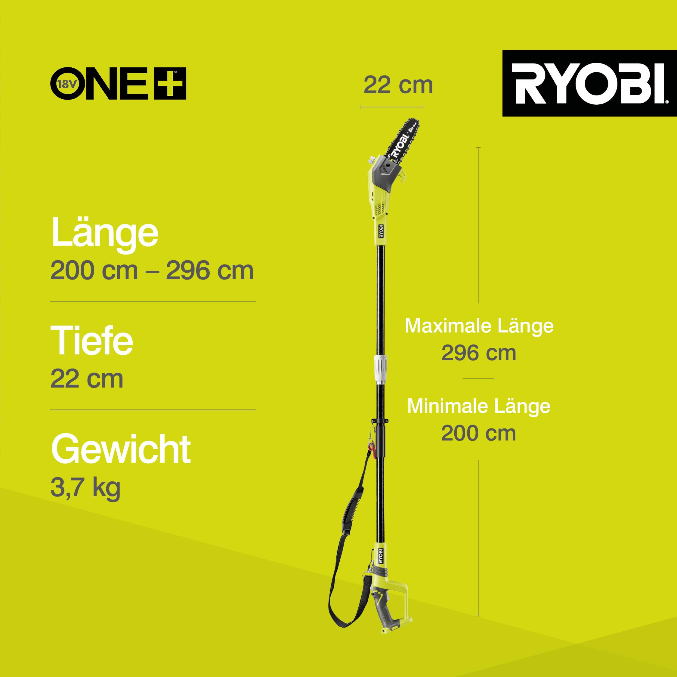 RYOBI 18V ONE+ Akku-Hochentaster OPP1820 | Teleskop-Astsäge mit 20 cm Schwert, 5,5 m/s Kettengeschwindigkeit, Reichweite bis 4 m, automatische Kettenschmierung, ohne Akku und Ladegerät