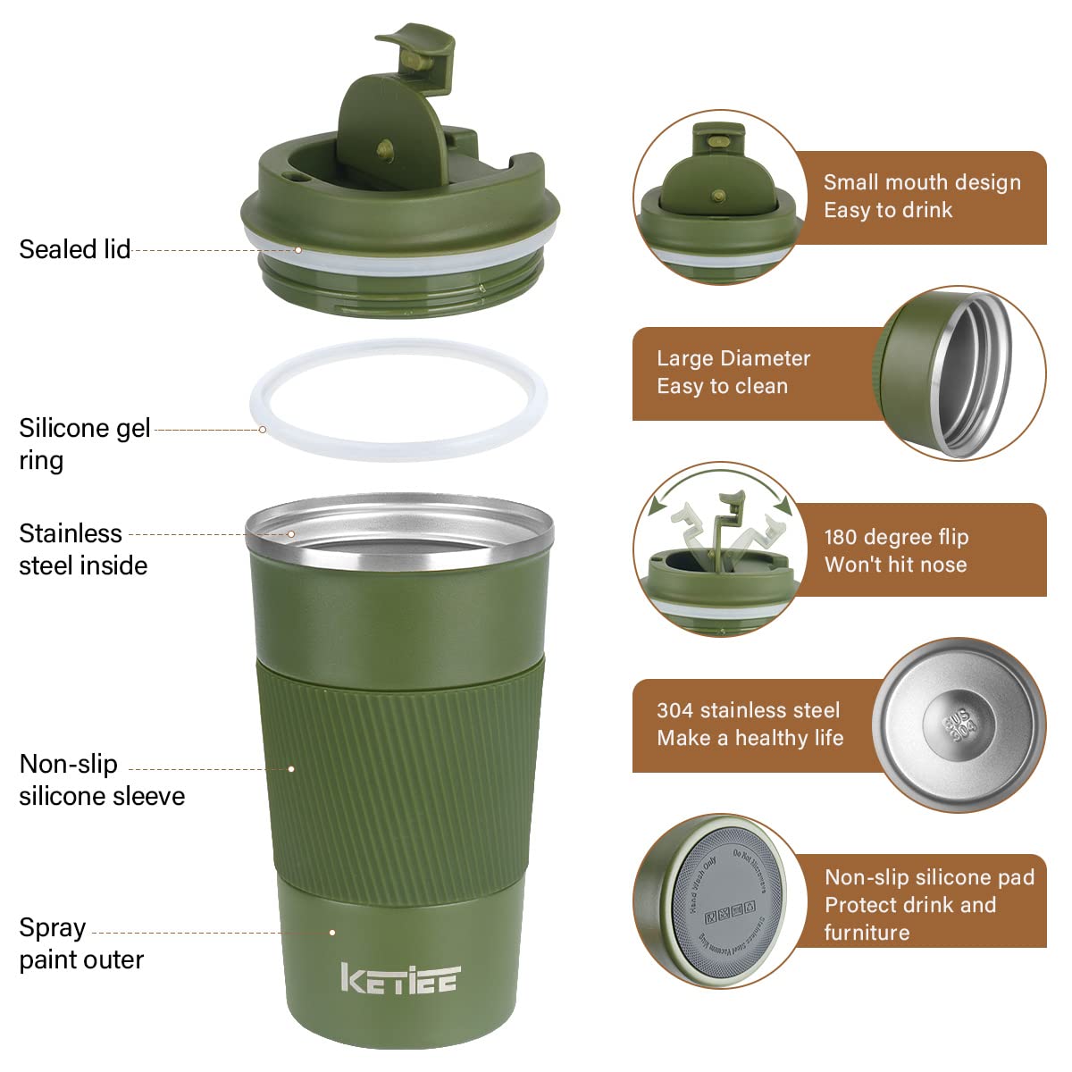 Travel Mugs,KETIEE 510ml Insulated Coffee Cup with Leakproof Lid,Reusable Coffee Cups Travel Cup,Coffee Travel Mug,Double Walled Coffee Mug,Stainless Steel thermaol Mug for Hot Cold Drinks,Olive Drab - Image 4