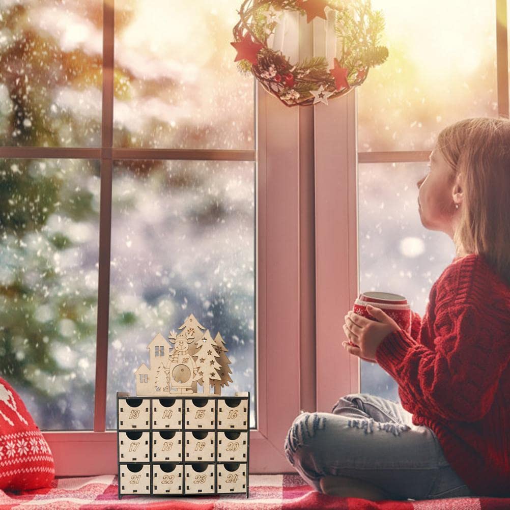 Calendario de Adviento de madera hecho a mano, cuenta regresiva de chocolate para Navidad, para niños, familia de Navidad reutilizable, color marrón