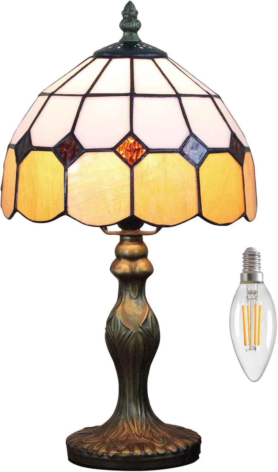 Tiffany-Style 8 Inch Table Lamp Mediterranean Series Stained Glass Lampshades Small Bedside Lamp Reading Antique Desk Light Livingroom Bedroom Office Vintage Art Deco Victorian(Color:Orange)