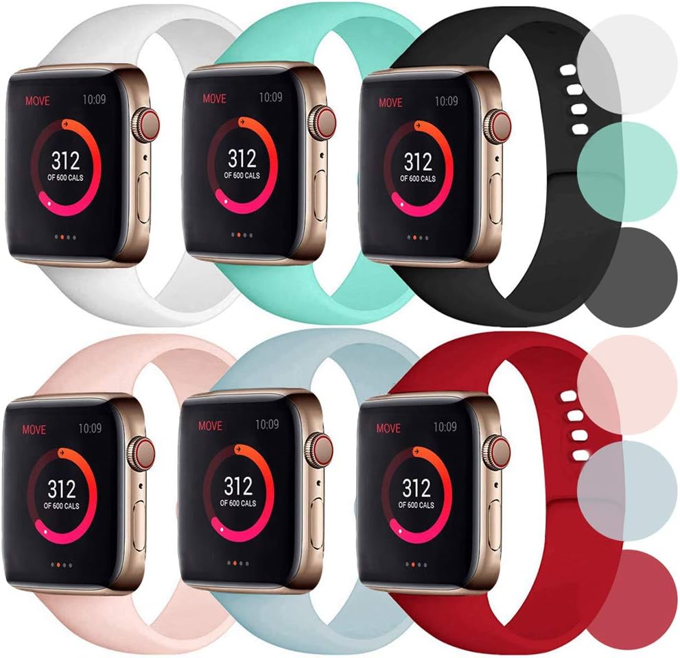 Abincee 6-Pack Bands Compatible with Apple Watch 38mm 40mm 42mm 44mm,Silicone band for iWatch Apple Watch Series 5/4/3/2/1 (Black/White/Red/Sand Pink/Turquoise/Teal, 38mm/40mm S/M)