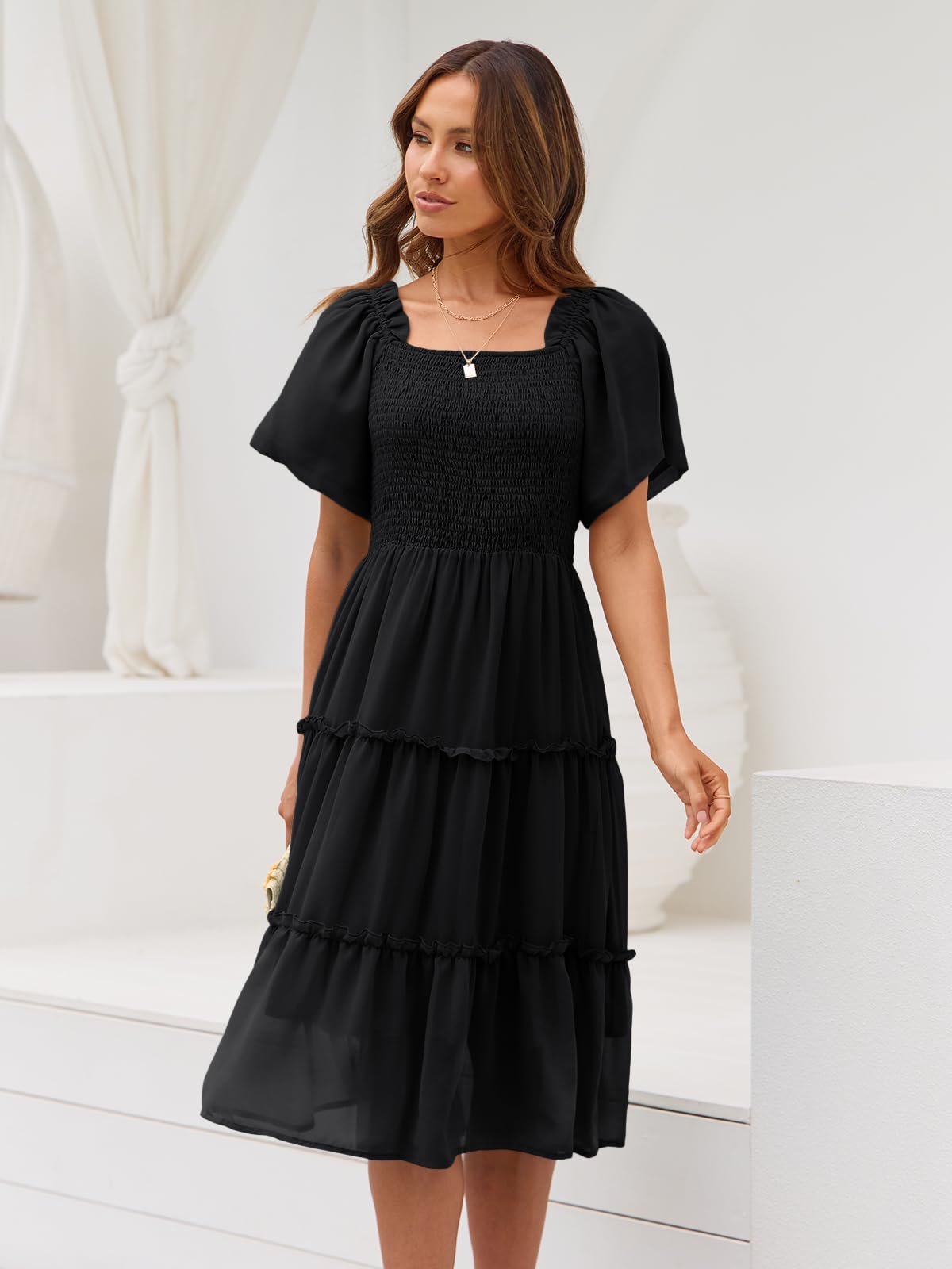 LILLUSORY Women's Summer Casual Flutter Sleeve Square Neck Smocked Midi Dress: Medium Black