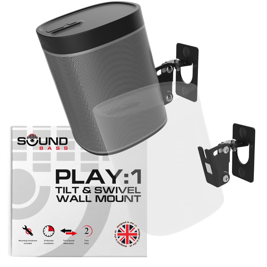 Play 1 Wall Mount, Black, Pair, Compatible with Sonos Play:1 Only, Twin Pack, Adjustable Swivel & Tilt Mechanism, 2 Mounting Brackets Includes All Fixings