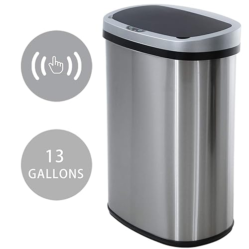 HCB Cubo de basura automático de basura silenciador de metal con tapa acero inoxidable de 13 galones 50 litros para cocina oficina dormitorio baño