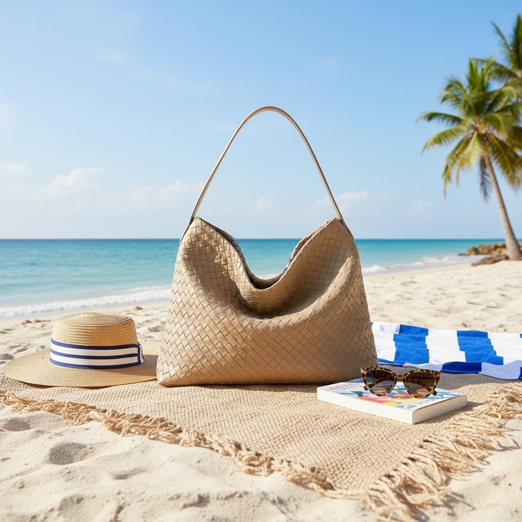 Suede Woven Tote Bag for Women: Handwoven Vegan Leather Purse & Pockets for Style & Travel - Adjustable Strap fits 11" iPad