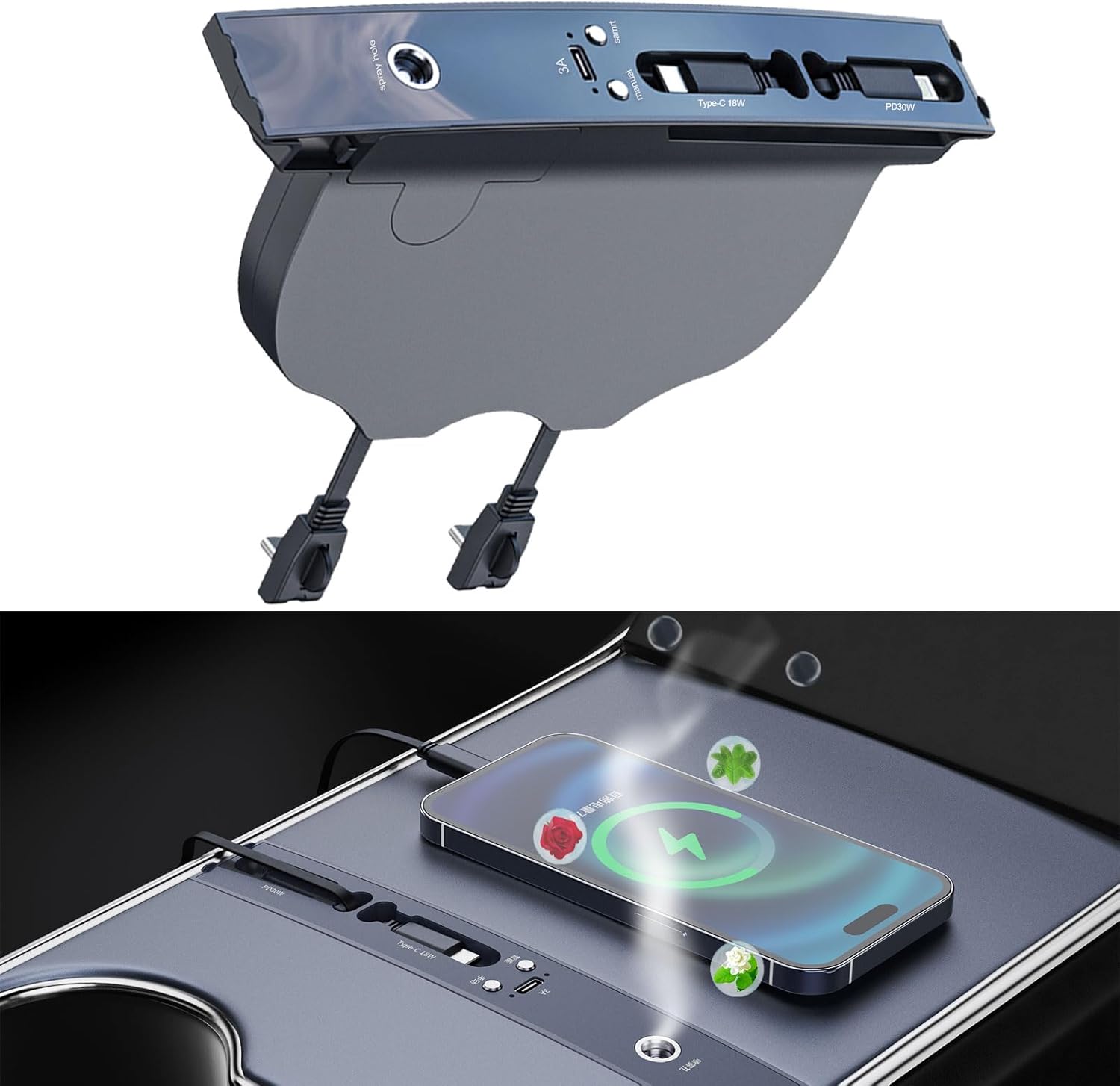 Car USB Hub with Smart Aromatic System Hub Charger for Tesla Model 3 2021-2023 / Model Y 2021-2025 Multifunctional Tesla Accessories with Retractable Fast Charging line