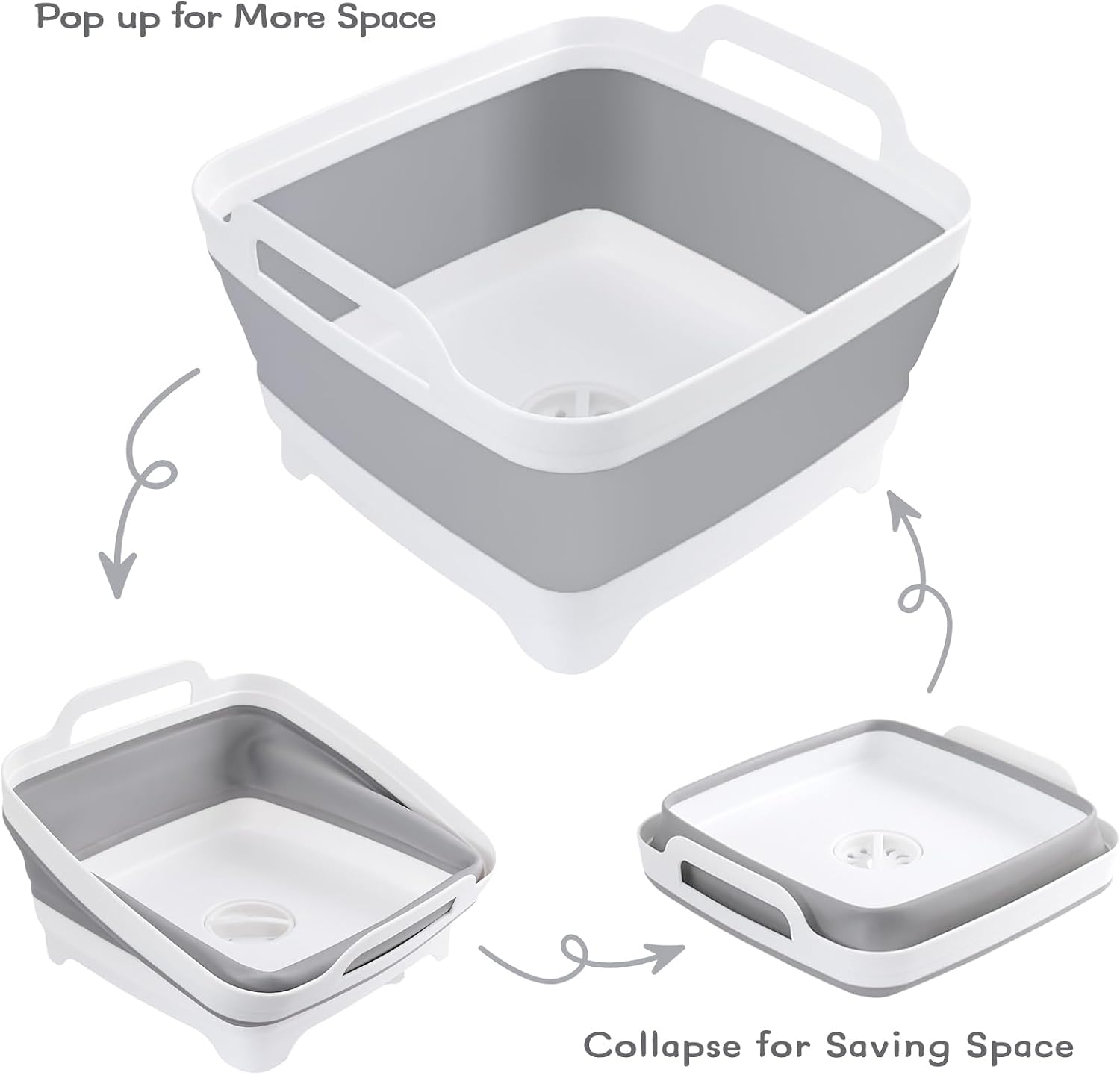 Collapsible Dish Basin, Aertiavty 2 Pack Collapsible Bottle Washing Basin Dish Pans for Kitchen Sink 2.4Gal Plastic Silicone Wash Tub with Drain for Camping, RV, Foldable Wash Basin Space saving