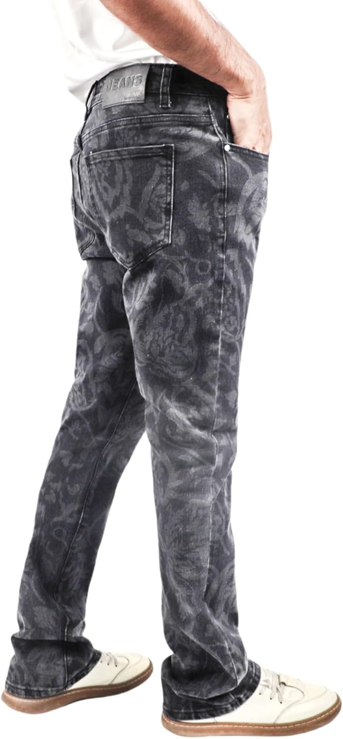 Men's Floral Print Straight Leg Skinny Elastic Force Jeans, Black Gray Acid Wash Denim, Vintage Style Pattern - Image 3