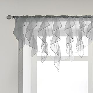 PearAge Ruffled Voile Semi Sheer Curtain Valance, Kitchen Living Room Shabby Chic Ruffle Valance Curtains, Girls Daughters Bedroom Cascade Window Valance 52x26 Inches (Grey-Triangle) - Buy now