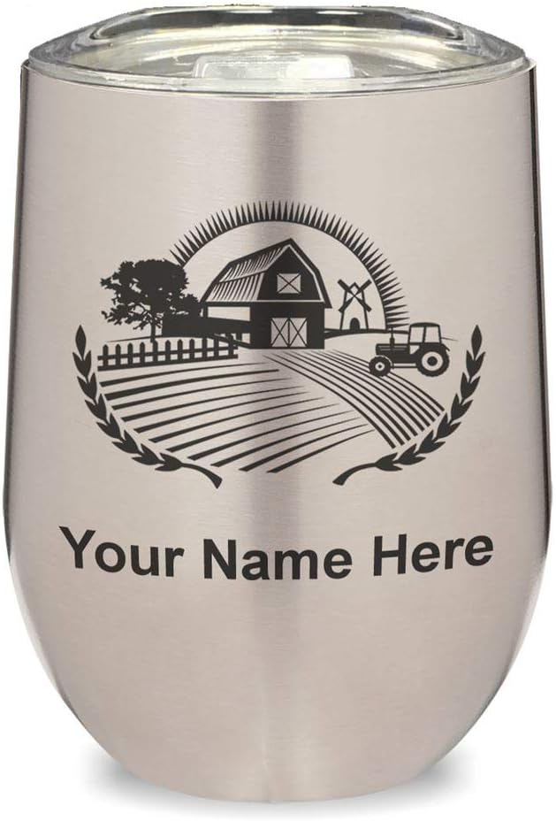 LaserGram 16oz Double Wall Stainless Steel Wine Glass Tumbler, Farm, Personalized Engraving Included (Black)