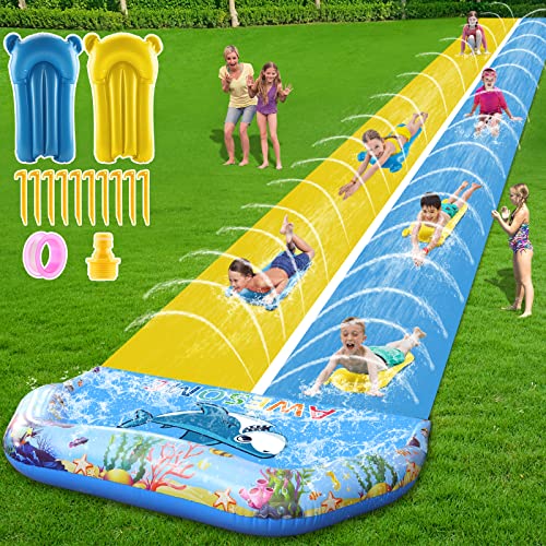 VEEST 33 FT Extra Long Water Slides for Kids Adults, Giant Double Lawn Water Slip Heavy Duty with 2 Bodyboards, Summer Water Slides Toys with Crash Pad for Backyard Outdoor