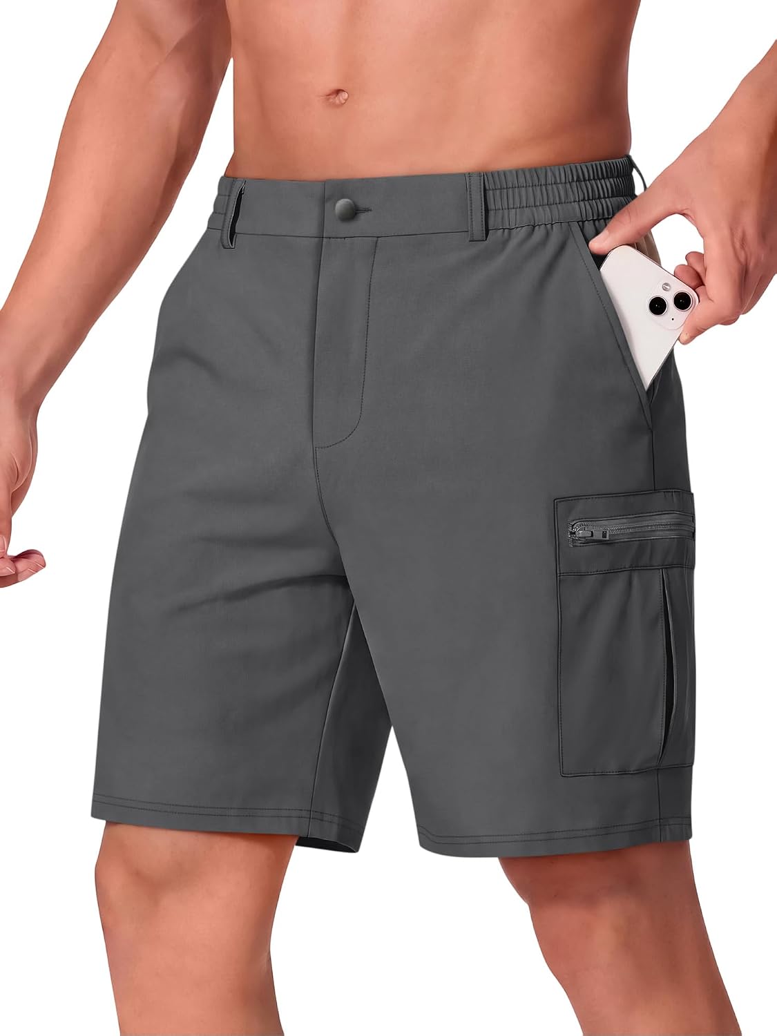 Men Casual Shorts 9" Stretch 6 Pockets Quick Dry Lightweight Elastic Waist No Lining Hiking Travel Golf