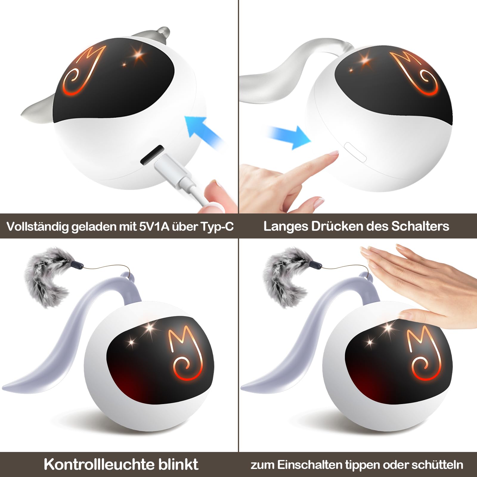 Migipaws Katzenspielzeug elektrisch interaktiver Ball, natürliche Federn als zusätzliches Katzenspielzeug selbstbeschäftigung,Berührungsaktivierung, wiederaufladbar