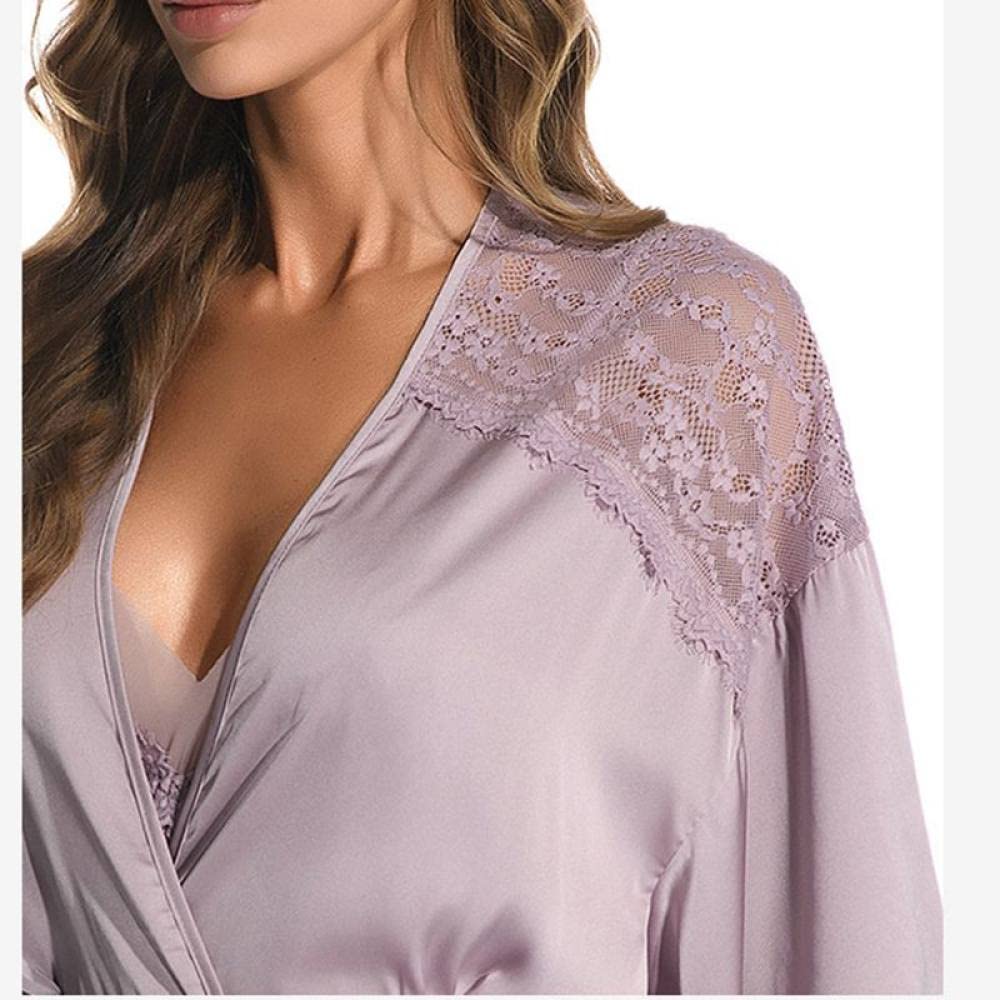 OZEO Albornoz Mujer,Kimono Sexy Albornoz Satén Costuras Encaje Escote En V Profundo Blanca Corta con Cordones Babydoll Novia Moda Bademantel Damen,M