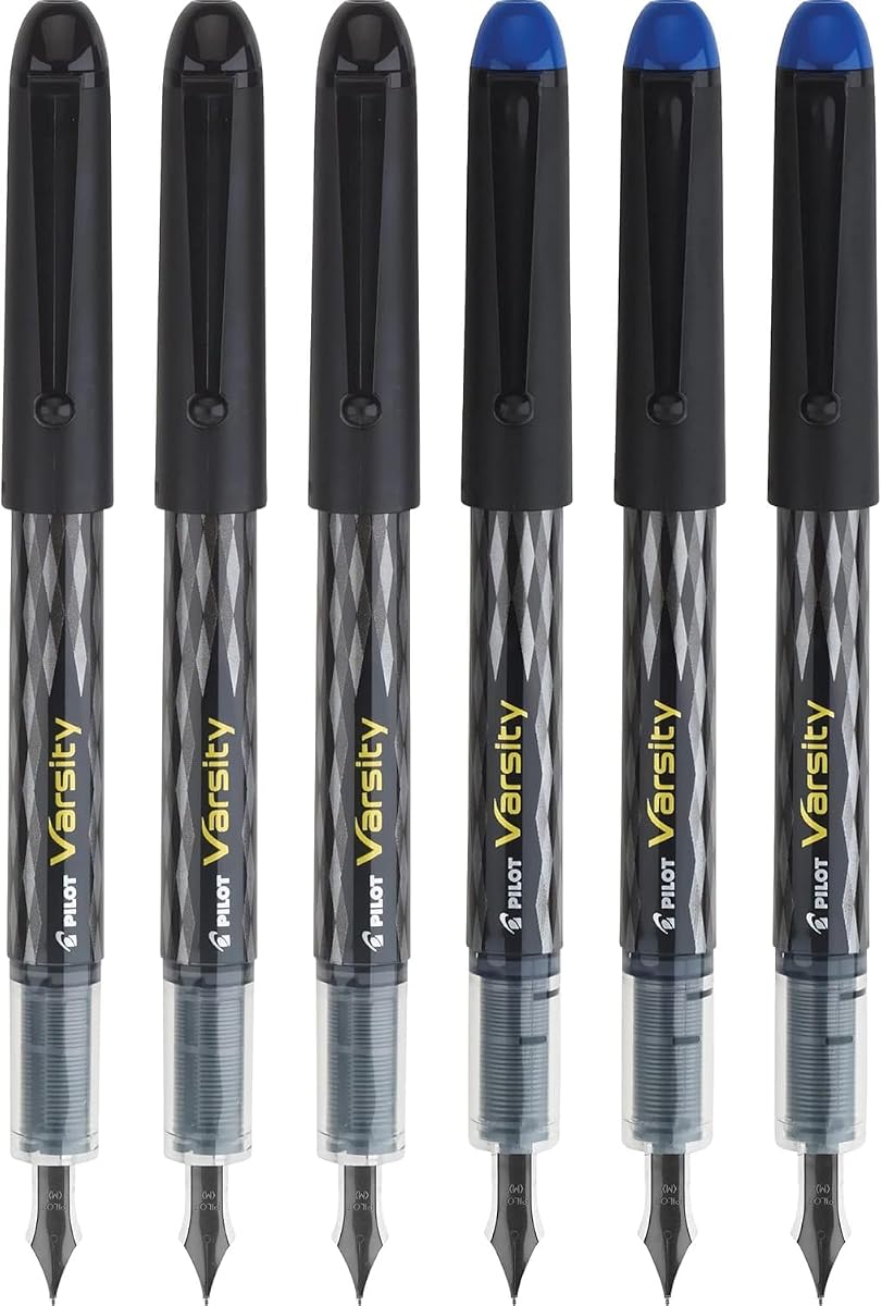 Precise Varsity Pre-Filled Fountain Pens, Medium Point 1 mm Stainless Steel Nib, Black/Blue, 6-Pack