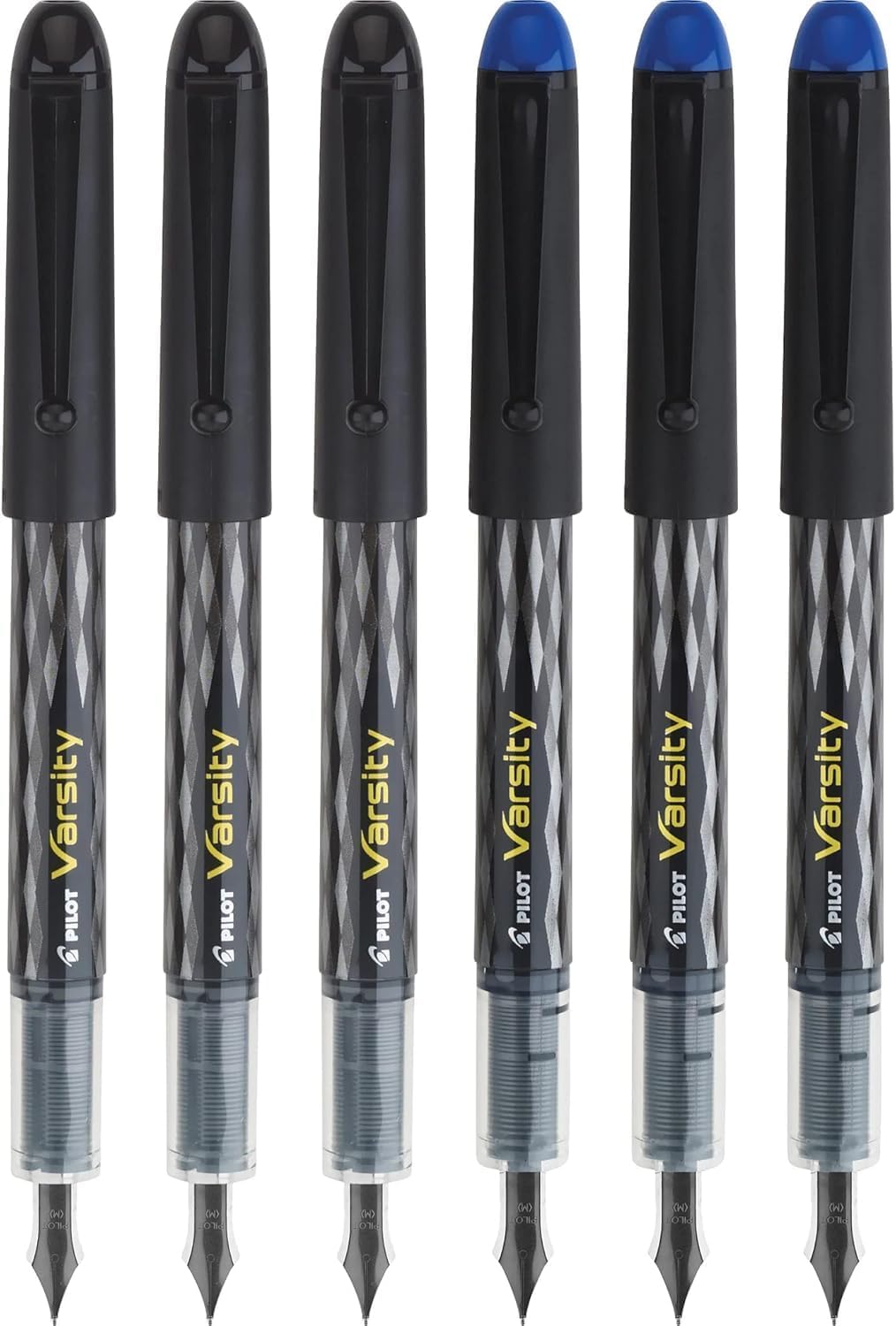 Pilot, Precise Varsity Pre-Filled Fountain Pens, Medium Point 1 mm Stainless Steel Nib, Black/Blue, 6-Pack