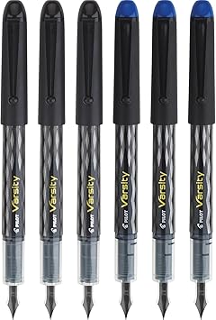 Pilot, Precise Varsity Pre-Filled Fountain Pens, Medium Point 1 mm Stainless Steel Nib, Black/Blue, 6-Pack