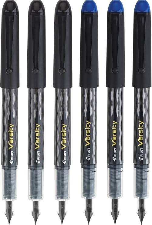 Pilot, Precise Varsity Pre-Filled Fountain Pens, Medium Point 1 mm Stainless Steel Nib, Black/Blue, 6-Pack