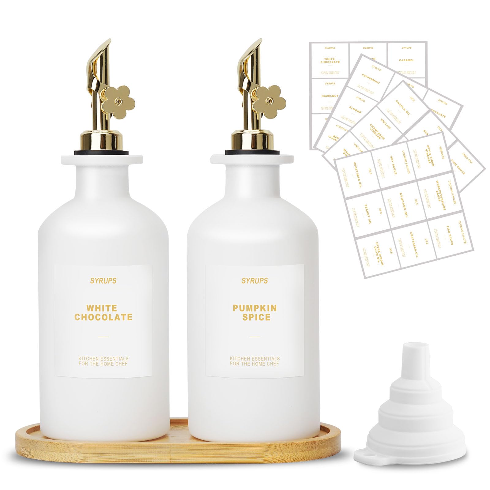 sunal Olive Oil Dispenser Bottles with Tray,Set of 2 Olive Oil Dispenser for Kitchen,350ml/11.8 oz Glass Oil and Vinegar Dispenser Set with Weighted Pourer and Waterproof Label&Silicone Funnel,White