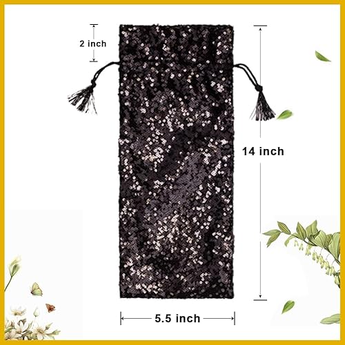 Miniatura 7 de SquarePie Bolsa de regalo de vino de lentejuelas negras, 4 piezas con cordones de 5.5 x 14 pulgadas, fundas para botellas de vino con purpurina para