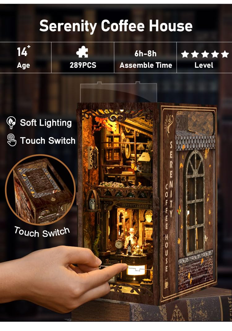 Clover&Clover Kit de rincón de libros con luces LED, casa de muñecas en miniatura para bricolaje, inserto de estantería de madera, rompecabezas de madera 3D, regalo para los amantes de los libros