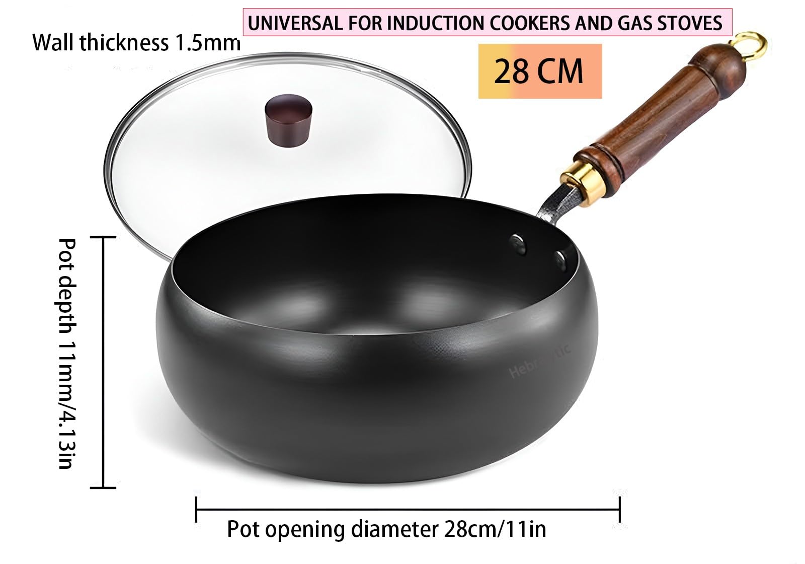 Unbeschichtete Japanische Wokpfanne aus Gusseisen, Handgeschmiedete Antihaftbeschichtete Bratpfannen aus Kohlenstoffstahl für Induktions- und Gasherde(Glass lid,28cm)