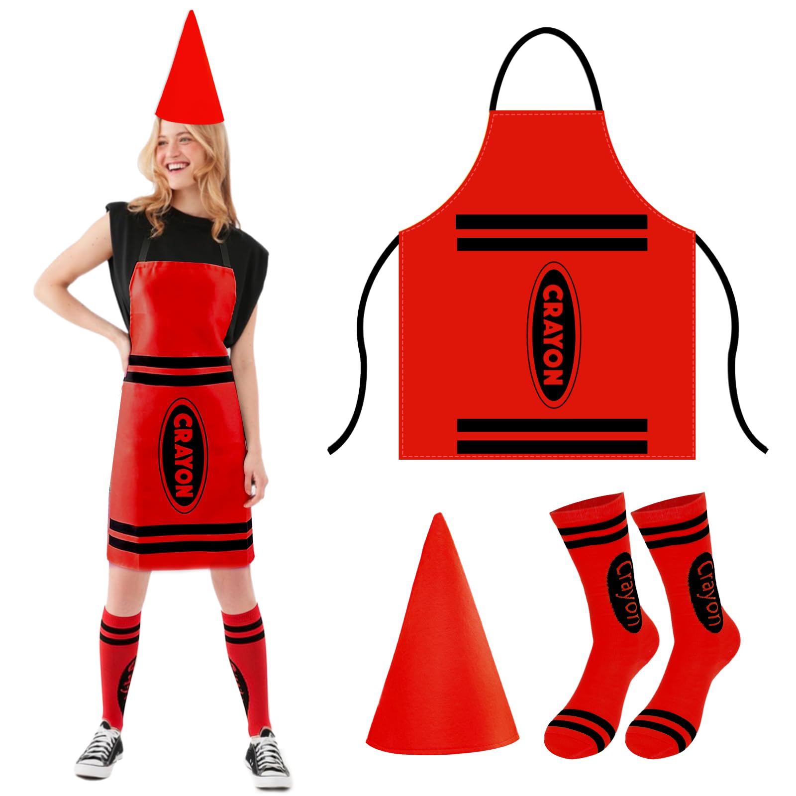 Crayon Costume Adult 3Pcs,Colorful Crayon Fancy Dress Include Crayon Apron, Funny Cone Hat And Striped Socks,Unisex World Book Day Costumes,Halloween Party Christmas Group Cosplay Outfits (Red)
