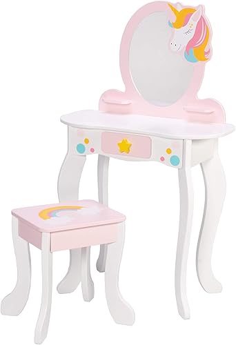 Fat Brain Toys Unicorn Magic Vanity con espejo y taburete, juego de madera, 3+