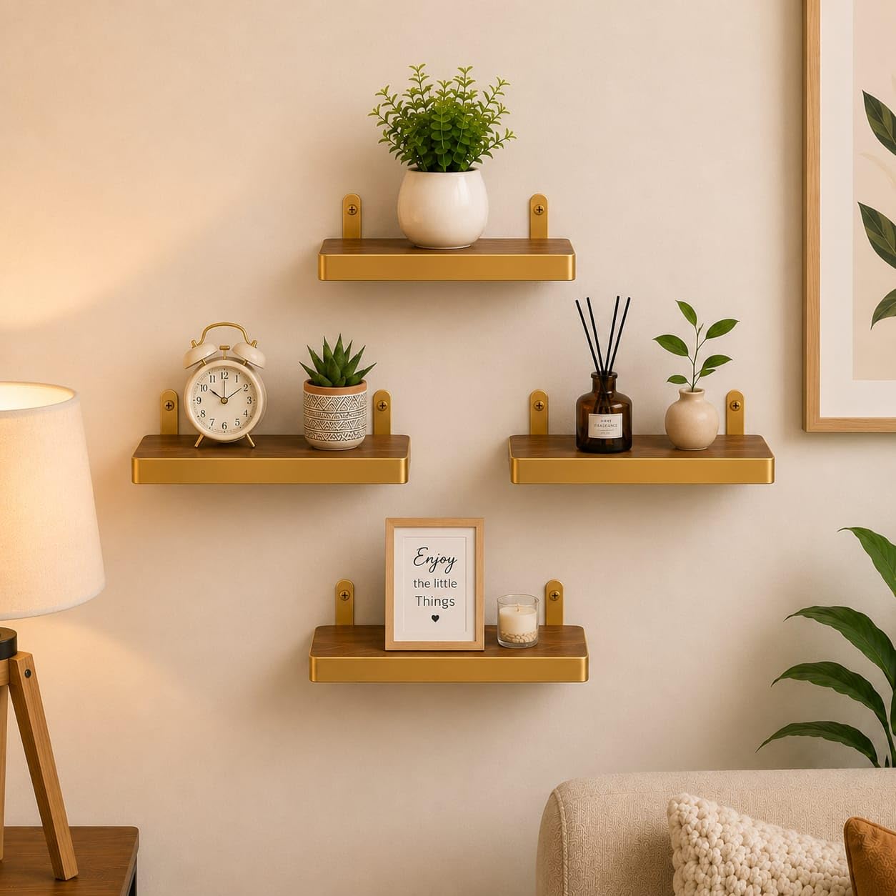 Engineered Wood Floating Wall Shelves Pack of 4, Black 14x4 Inch Wooden Display Rack for Living Room, Bedroom, Kitchen, Office, Wall Mounted Bookshelf & Decorative Shelf (14x4 Teak Gold PO4)-image-33