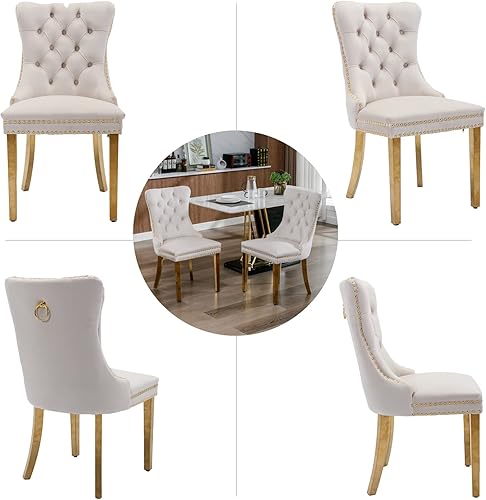 Miniatura 7 de Juego de 6 sillas de comedor de terciopelo beige, sillas de comedor tapizadas con ribete de anillo trasero y patas de acero inoxidable doradas,
