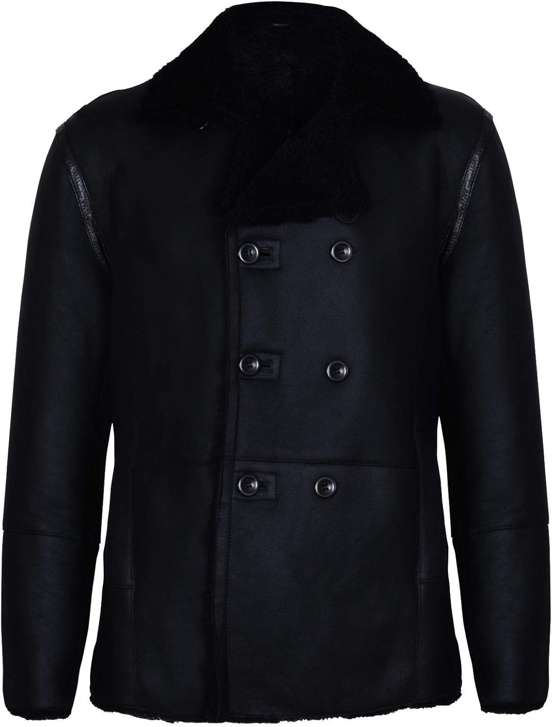 Mens Black German Double Breasted Real Sheepskin Shearling Leather Jacket Coat