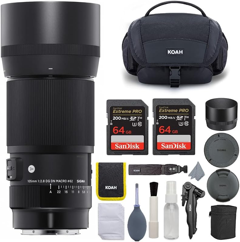 Lente macro Sigma 105 mm f/2.8 Art DG DN para paquete Sony E-Mount | Tarjeta de memoria Ultra SDXC UHS-I de 64 GB, kit de limpieza, bolsa para dispositivos del sistema de cámara con accesorios, (4 artículos)